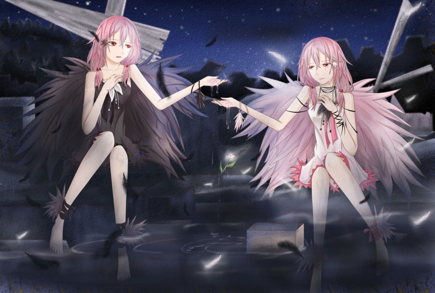 2girls, angel_and_devil, bare_shoulders, barefoot, breasts, crying, crying_with_eyes_open, dual_persona