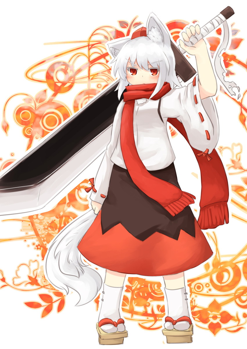 1girl, absurdres, animal_ears, geta, hat, highres, huge_weapon, inubashiri_momiji