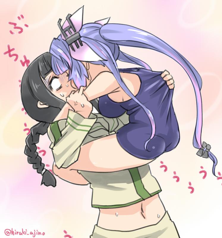 2girls, ajino_(sakanahen), anger_vein, bangs, black_hair, blue_hair, blunt_bangs, braid