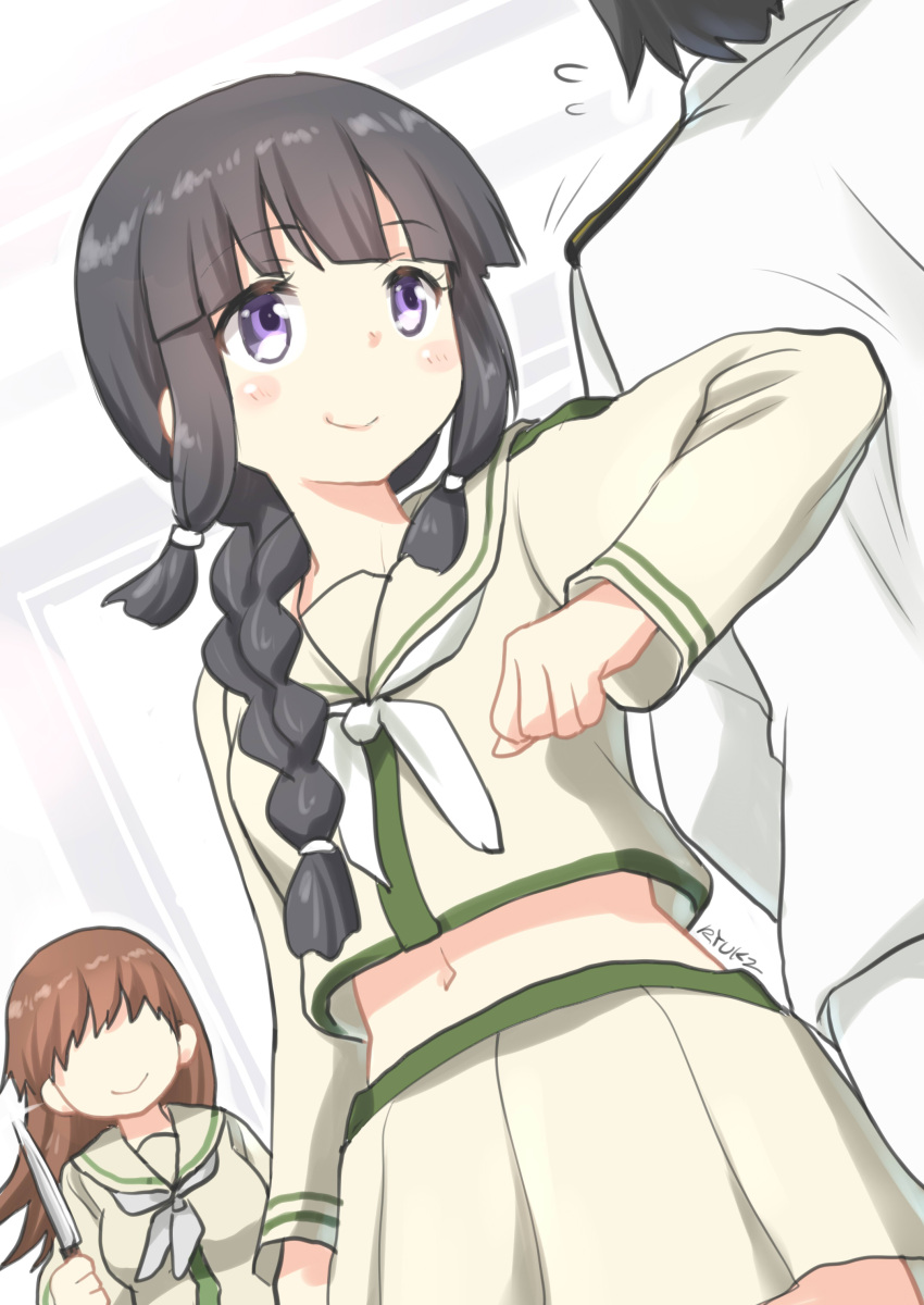 1boy, 2girls, absurdres, admiral_(kantai_collection), black_hair, braid, brown_hair, highres
