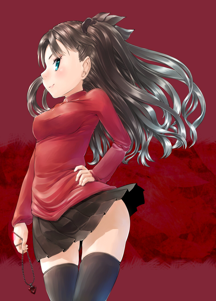 1girl, black_hair, blush, fate/stay_night, fate_(series), green_eyes, hair_ribbon, jewelry