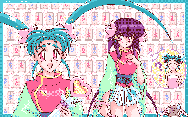 2girls, :d, ^_^, blue_hair, border, breast_conscious, bun_cover, closed_eyes