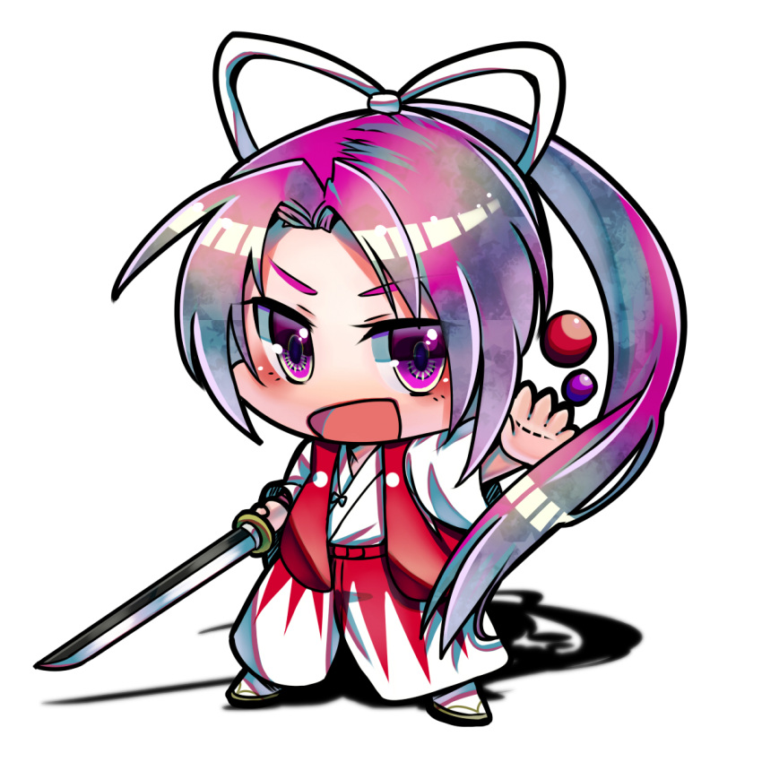 1girl, chibi, highres, japanese_clothes, katana, long_hair, meira, nanai07, open_mouth, ponytail, purple_hair, simple_background, smile, solo, sword, touhou, touhou_(pc-98), violet_eyes, weapon, white_background