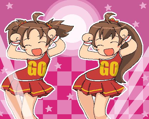 2girls, asami, brown_hair, caramelldansen, gif, open_mouth