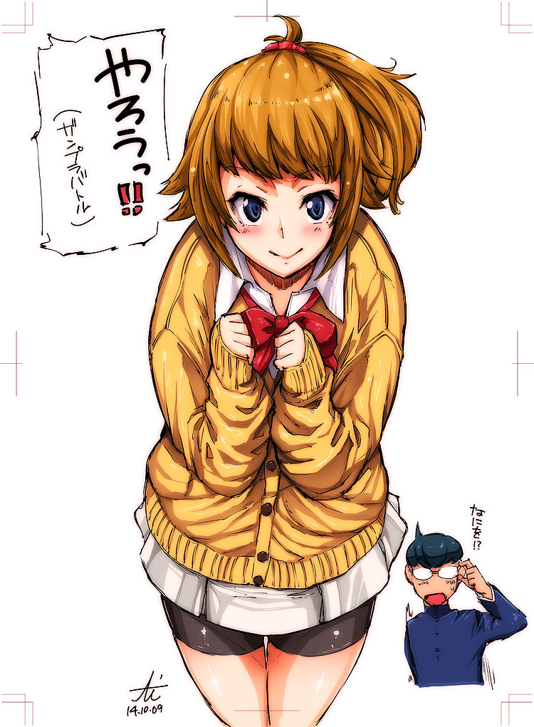 1boy, 1girl, :>, bike_shorts, black_hair, blue_eyes, brown_hair, cardigan, glasses, gundam, gundam_build_fighters, gundam_build_fighters_try, hoshino_fumina, miyaga_daiki, ponytail, school_uniform, scrunchie, smile, yoshida_inuhito