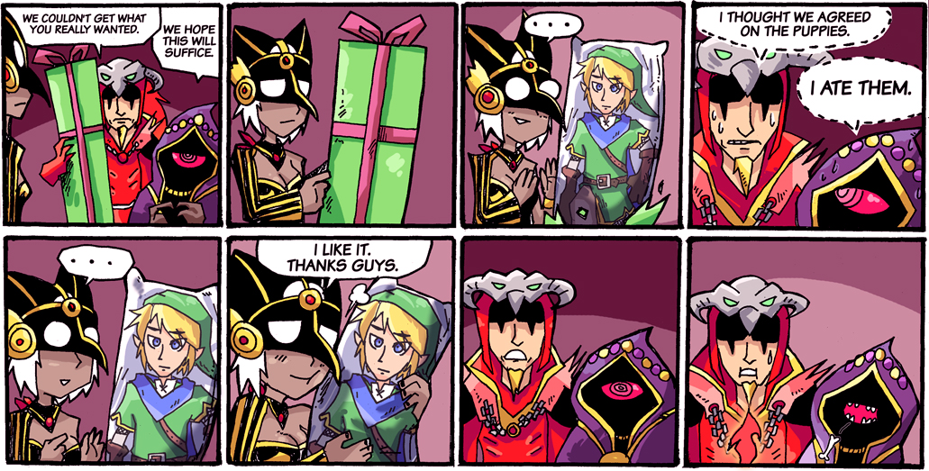 1boy, 1girl, box, cia_(zelda_musou), dakimakura_(object), english, gift, gift_box, gift_wrapping, helmet, link, mask, pillow, setz, the_legend_of_zelda, valga, white_hair, wizard, wizzro, zelda_musou