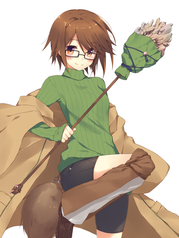 1girl, aussa, brown_eyes, brown_hair, duel_monster, glasses, holding, ite_fuji