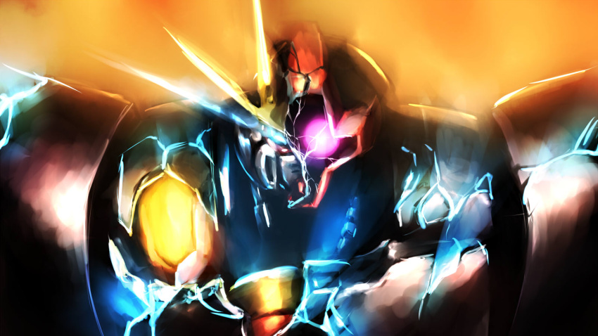 armor, blue_eyes, build_burning_gundam, crack, damaged, dom, glowing, glowing_eyes, gundam, gundam_build_fighters, gundam_build_fighters_try, highres, mecha, no_humans, pink_eyes, radical_red, solo