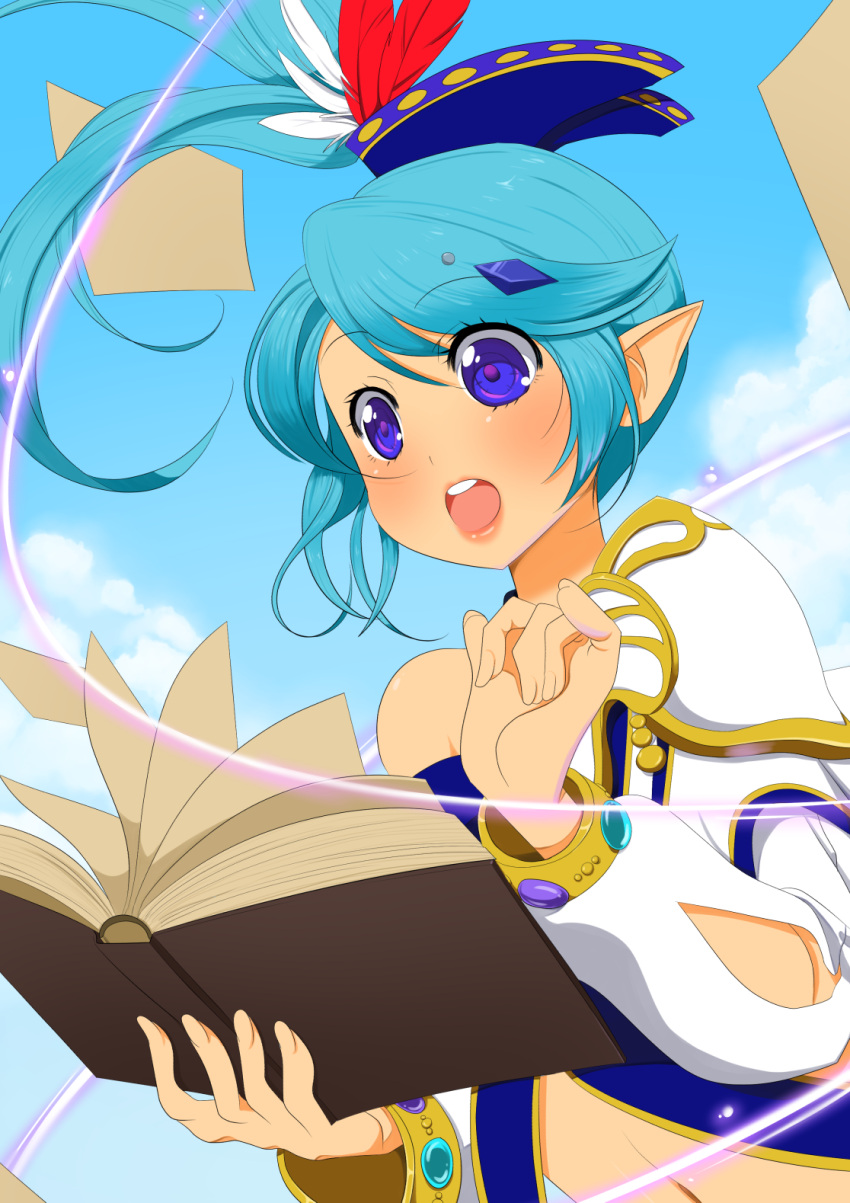 artofthelion, blue_hair, book, highres, lana_(zelda_musou), long_hair, pointy_ears, side_ponytail