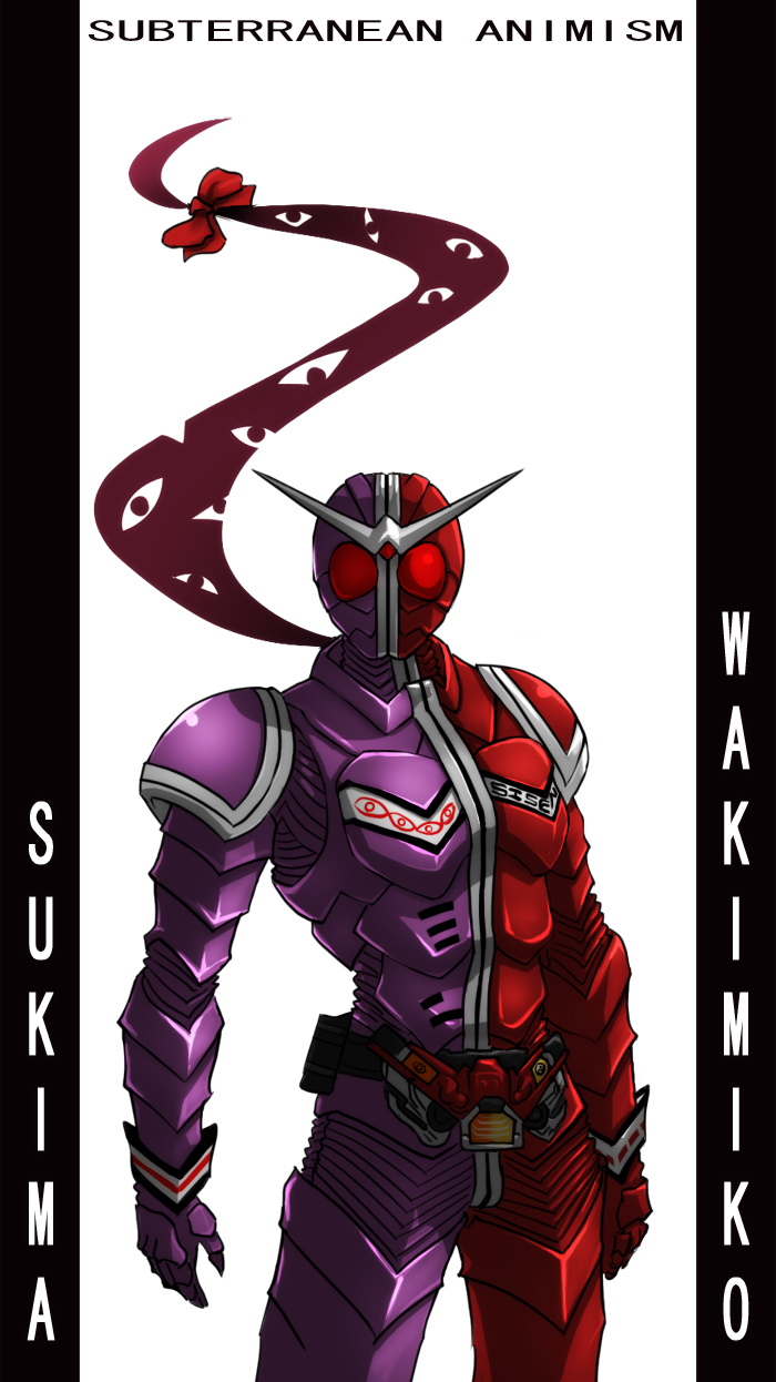 belt, eyes, gap, hakurei_reimu, highres, jigoku_inu, kamen_rider, kamen_rider_double, kamen_rider_w, parody, scarf, touhou, yakumo_yukari