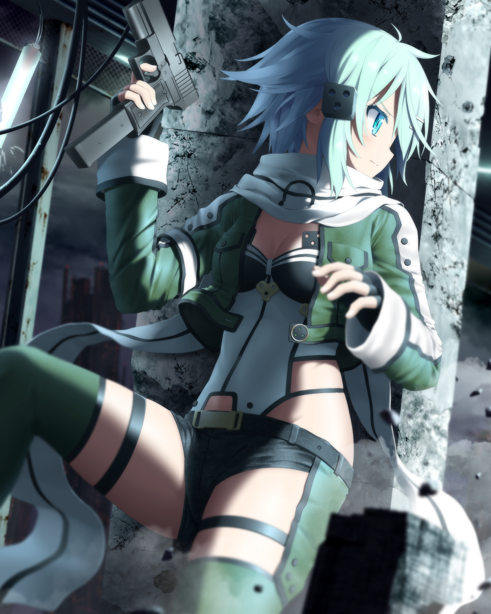 1girl, aqua_hair, black_gloves, blue_eyes, chaps, fingerless_gloves, gloves, gun