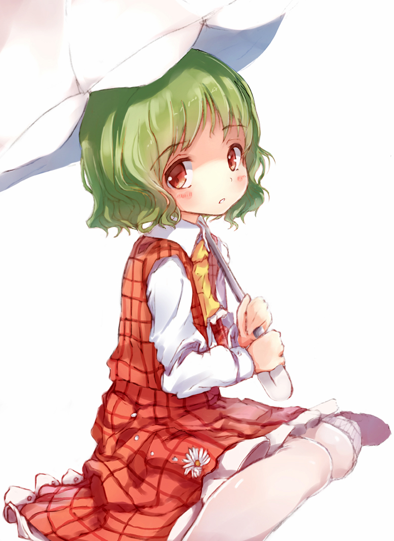 1girl, ascot, blush, child, flan_(harry_mackenzie), green_hair, kazami_yuuka, plaid