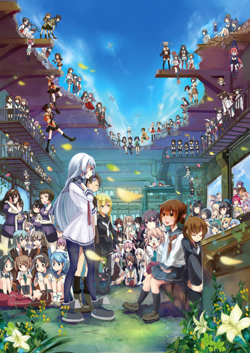 ahoge, airplane, akagi_(kantai_collection), akigumo_(kantai_collection), akitsu_maru_(kantai_collection), arare_(kantai_collection), ashigara_(kantai_collection), ayanami_(kantai_collection), bismarck_(kantai_collection), black_hair, brown_hair, chitose_(kantai_collection), chiyoda_(kantai_collection), flower, fubuki_(kantai_collection), fusou_(kantai_collection), haguro_(kantai_collection), hair_ornament, haruna_(kantai_collection), harunohotaru, hatsuyuki_(kantai_collection), hibiki_(kantai_collection), hiei_(kantai_collection), highres, hiryuu_(kantai_collection), hiyou_(kantai_collection), houshou_(kantai_collection), hyuuga_(kantai_collection), i-168_(kantai_collection), i-19_(kantai_collection), i-401_(kantai_collection), i-58_(kantai_collection), i-8_(kantai_collection), ikazuchi_(kantai_collection), inazuma_(kantai_collection), ise_(kantai_collection), isonami_(kantai_collection), jintsuu_(kantai_collection), jun'you_(kantai_collection), kaga_(kantai_collection), kagerou_(kantai_collection), kantai_collection, kirishima_(kantai_collection), kiso_(kantai_collection), kitakami_(kantai_collection), kongou_(kantai_collection), kuma_(kantai_collection), kumano_(kantai_collection), long_hair, makigumo_(kantai_collection), maru-yu_(kantai_collection), miyuki_(kantai_collection), multiple_girls, murakumo_(kantai_collection), musashi_(kantai_collection), mutsu_(kantai_collection), myoukou_(kantai_collection), nachi_(kantai_collection), nagato_(kantai_collection), naka_(kantai_collection), ooi_(kantai_collection), open_mouth, purple_hair, ryuujou_(kantai_collection), school_uniform, sendai_(kantai_collection), serafuku, shikinami_(kantai_collection), shimakaze_(kantai_collection), shiranui_(kantai_collection), shirayuki_(kantai_collection), short_hair, shouhou_(kantai_collection), shoukaku_(kantai_collection), sky, souryuu_(kantai_collection), suzuya_(kantai_collection), taigei_(kantai_collection), taihou_(kantai_collection), tama_(kantai_collection), tatsuta_(kantai_collection), tenryuu_(kantai_collection), thigh-highs, unryuu_(kantai_collection), verniy_(kantai_collection), yamashiro_(kantai_collection), yamato_(kantai_collection), yuugumo_(kantai_collection), z1_leberecht_maass_(kantai_collection), z3_max_schultz_(kantai_collection), zuihou_(kantai_collection), zuikaku_(kantai_collection)