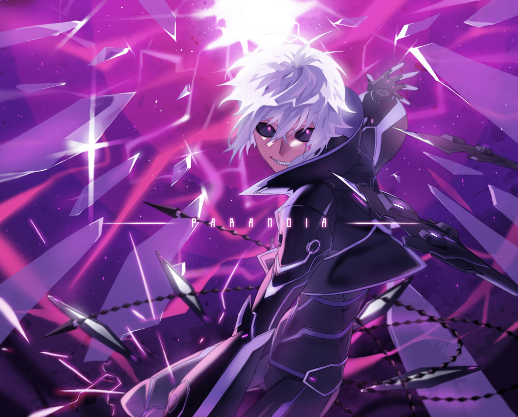 1boy, add_(elsword), black_sclera, bodysuit, elsword, energy, gloves, grin, jya, male, purple, purple_background, sharp_teeth, smile, solo, violet_eyes, white_hair
