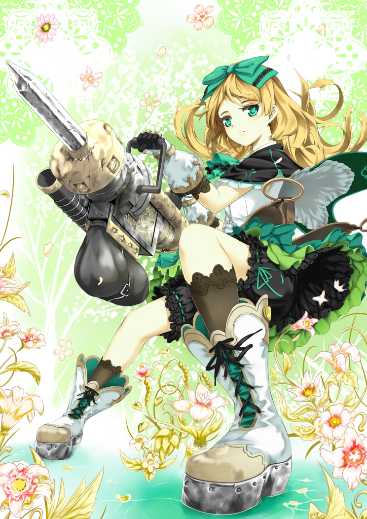 1girl, atelier_(series), atelier_shallie, blonde_hair, bloomers, bow, capelet, dia_(saotoko), expressionless, fighting_stance, flower, gloves, green_eyes, green_skirt, hair_bow, long_hair, miruca_crotze, pile_bunker, shoes, skirt, solo, underwear