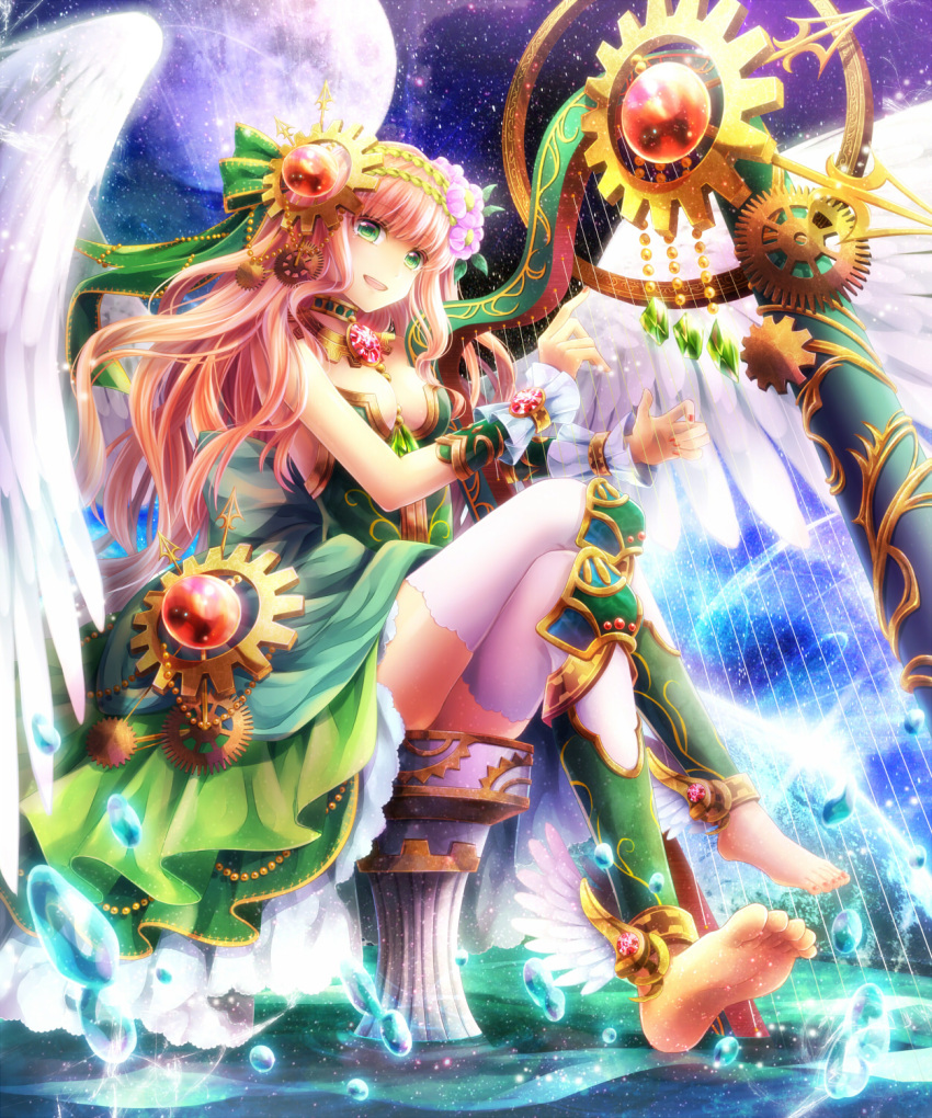 1girl, barefoot, breasts, cleavage, crossed_legs, dress, feet, green_eyes