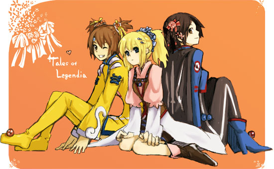alternate_hairstyle, amino-san, black_hair, blonde_hair, blue_eyes, bob_cut, brown_hair, cape, chloe_valens, grin, hair_ornament, multiple_girls, norma_beatty, orange_background, ponytail, shirley_fennes, short_hair, smile, tales_of_(series), tales_of_legendia, title_drop, twintails, wink