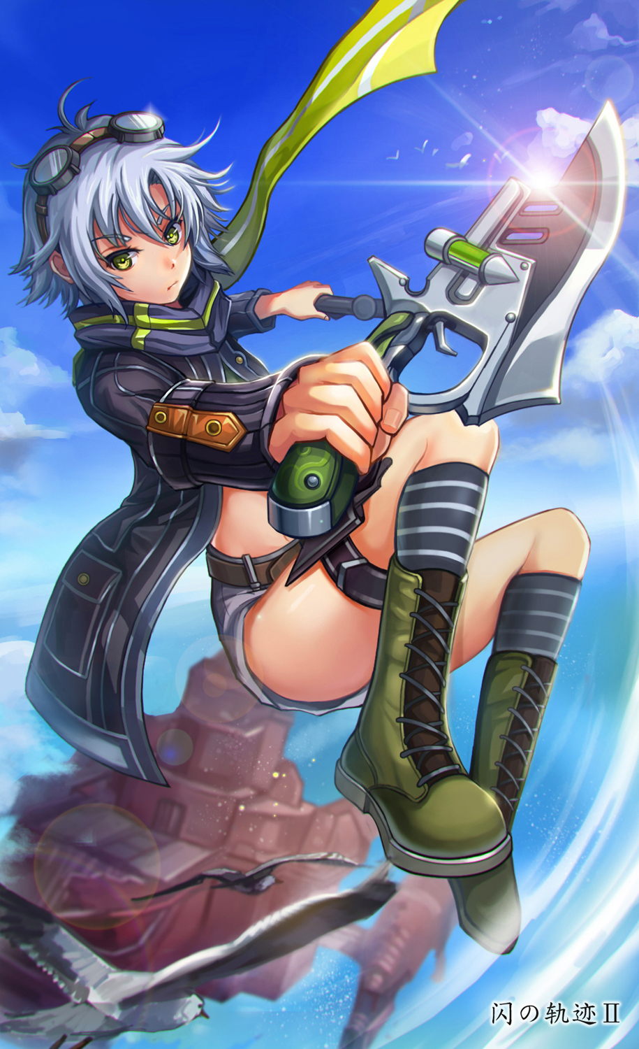1girl, bird, boat, boots, cj_man, copyright_name, dagger, eiyuu_densetsu