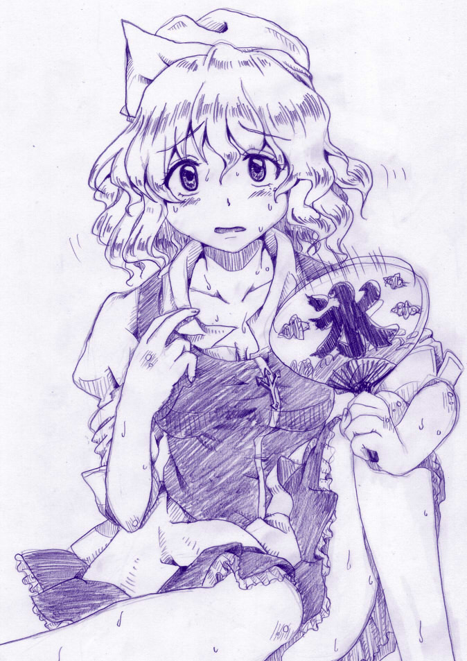 1girl, colored_pencil_(medium), fan, hat, letty_whiterock, monochrome, myo-gateien, open_mouth