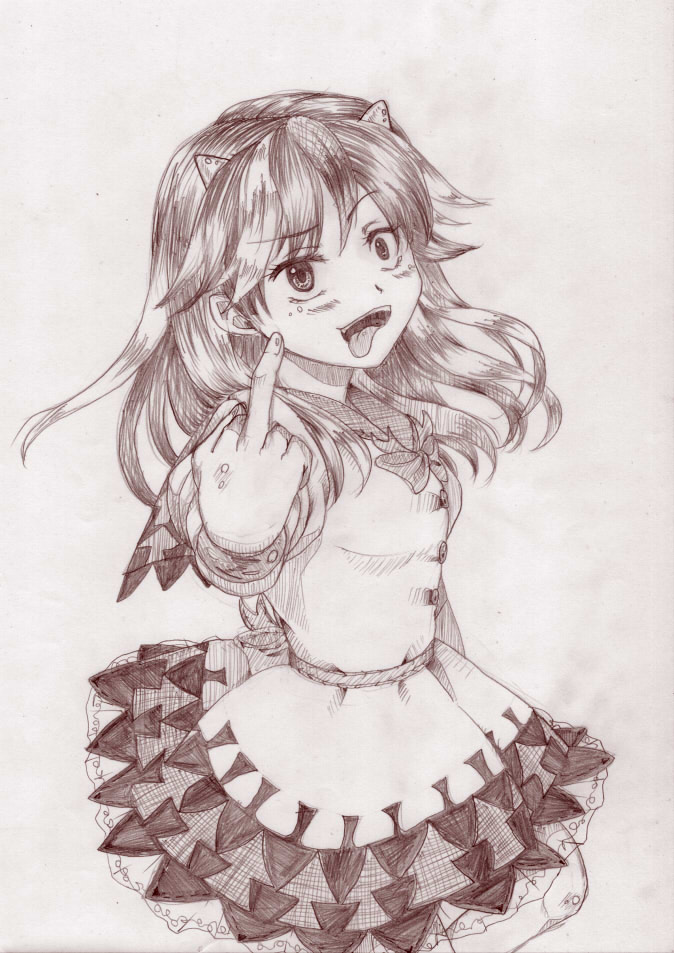 1girl, bow, directional_arrow, dress, graphite_(medium), horns, kijin_seija, long_hair