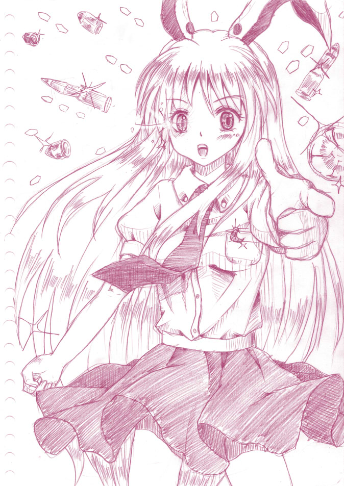 1girl, animal_ears, bullet, colored_pencil_(medium), crescent, finger_gun, long_hair, monochrome