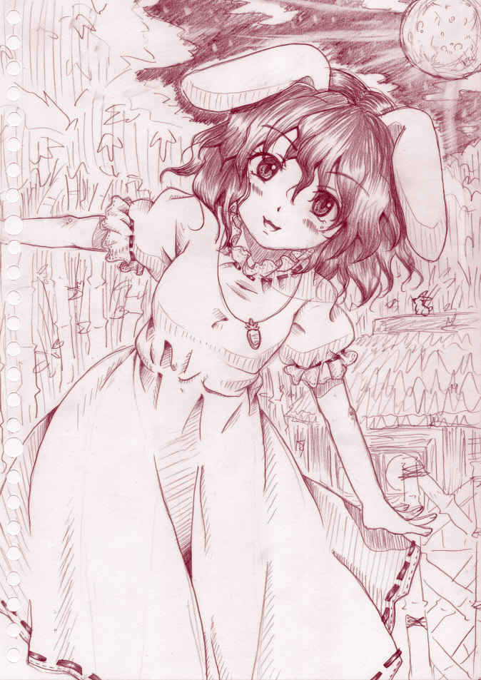 1girl, animal_ears, bamboo, carrot, carrot_necklace, colored_pencil_(medium), dress, inaba_tewi