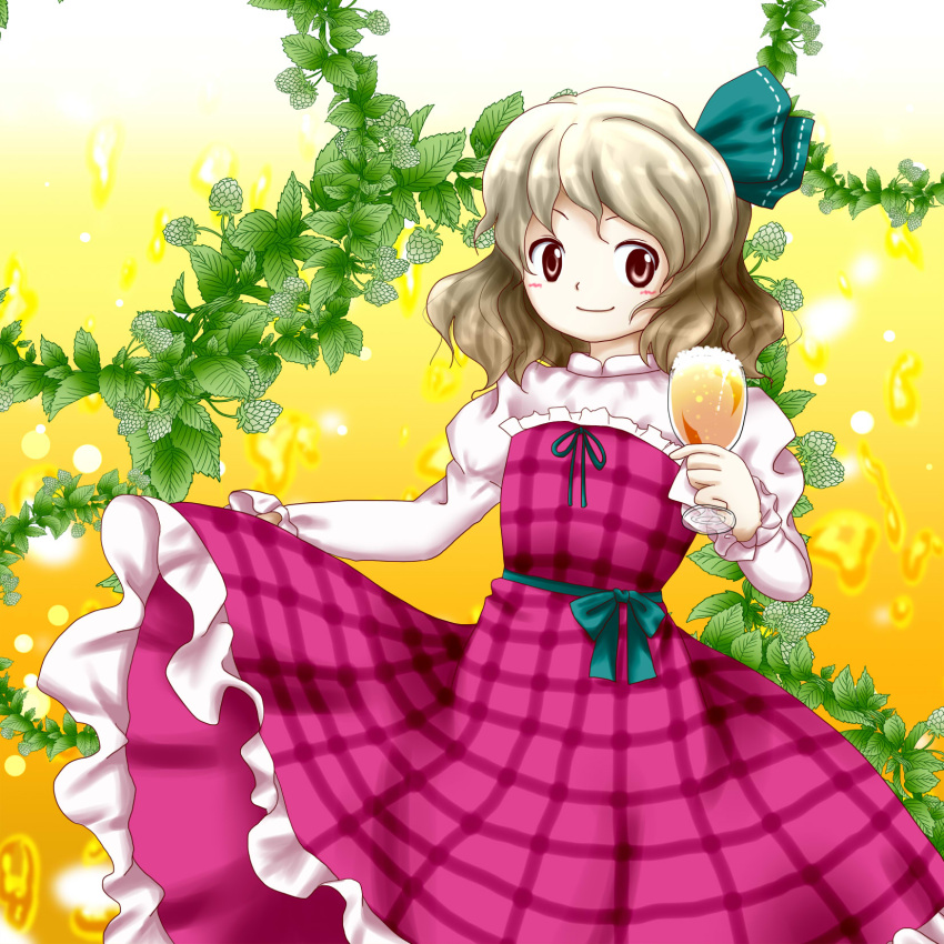 1girl, alcohol, beer, beerko, blonde_hair, bow, brown_eyes, dress, glass, hair_ribbon, highres, leaf, looking_at_viewer, myo-gateien, oota_jun'ya_(style), original, plaid, ribbon, short_hair, skirt, smile, solo