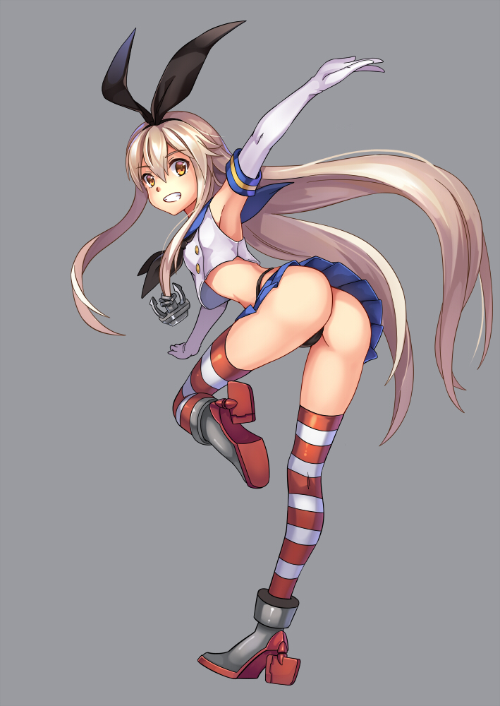 1girl, anchor_hair_ornament, ass, black_panties, blonde_hair, elbow_gloves, from_behind, gloves