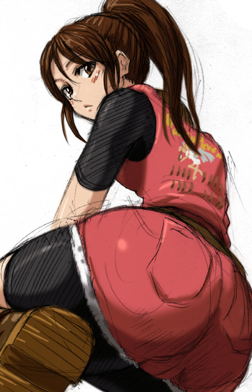back, blush, bodysuit, boots, brown_eyes, brown_hair, claire_redfield, from_behind, latex, looking_back, minarai_zouhyou, ponytail, resident_evil, resident_evil_2, shorts