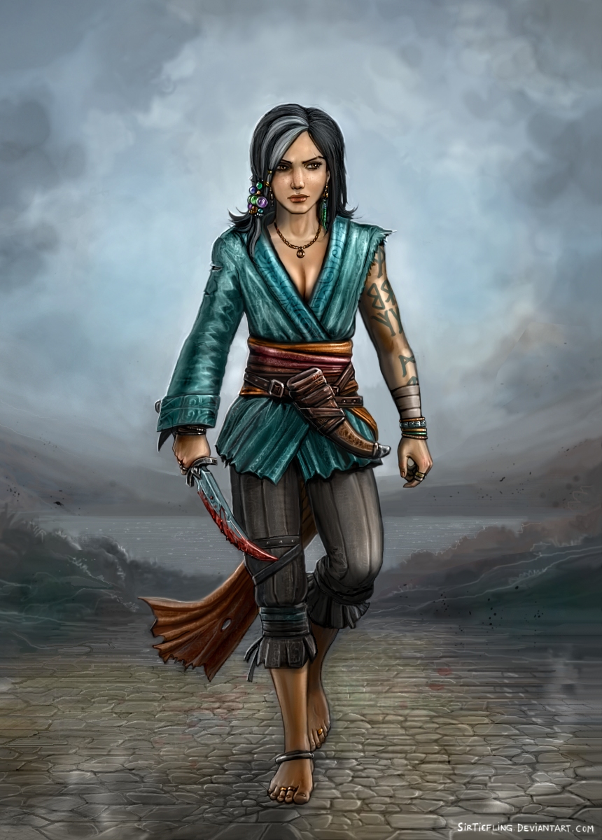 1girl, anklet, barefoot, black_hair, blood, bracelet, capri_pants, dagger, earrings, feet, female, fog, hair_beads, hair_ornament, highlights, highres, japanese_clothes, jewelry, knife, long_hair, multicolored_hair, original, pants, pirate, ring, sash, scar, sheath, sirtiefling, tattoo, toe_ring, torn_sleeve, walking, water, weapon, white_hair, wrist_wraps