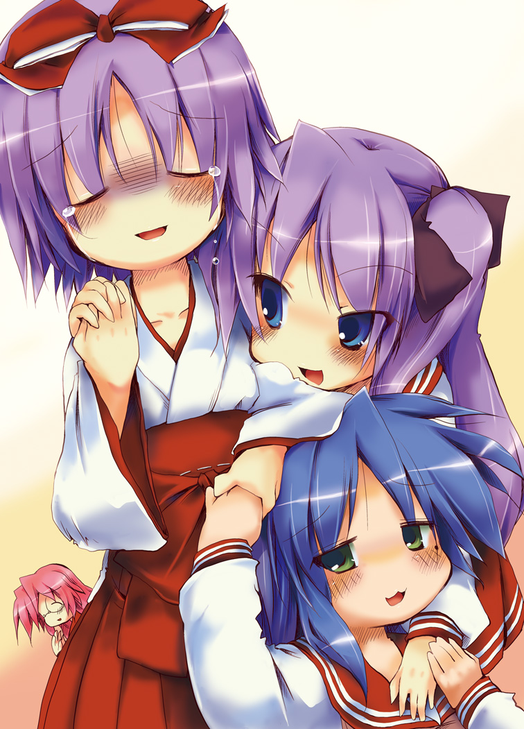 blue_hair, blush, closed_eyes, green_eyes, hand_holding, hiiragi_kagami, hiiragi_tsukasa, holding_hands