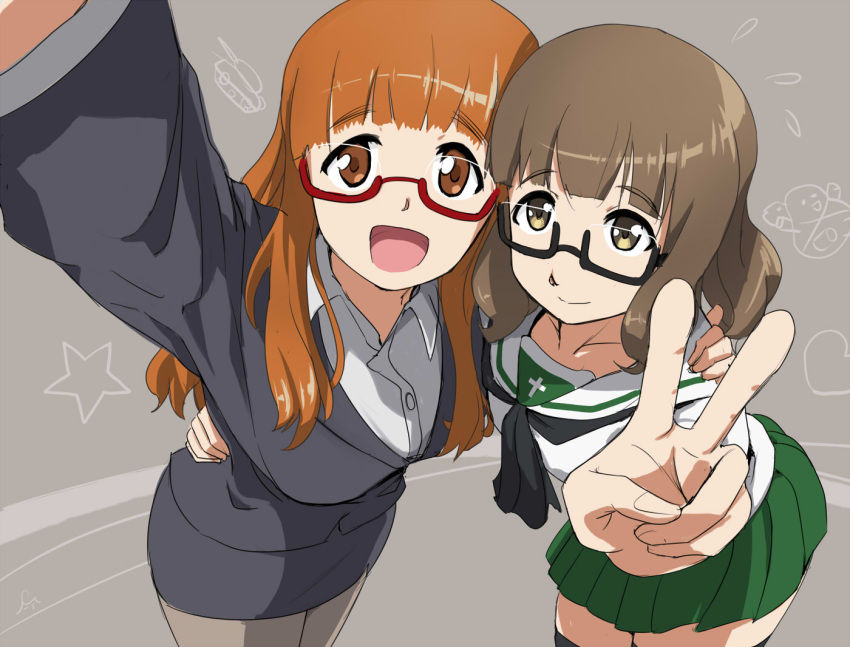 2girls, brown_eyes, brown_hair, cosplay, costume_switch, crossover, futsuu_no_joshikousei_ga_locodol_yattemita, girls_und_panzer