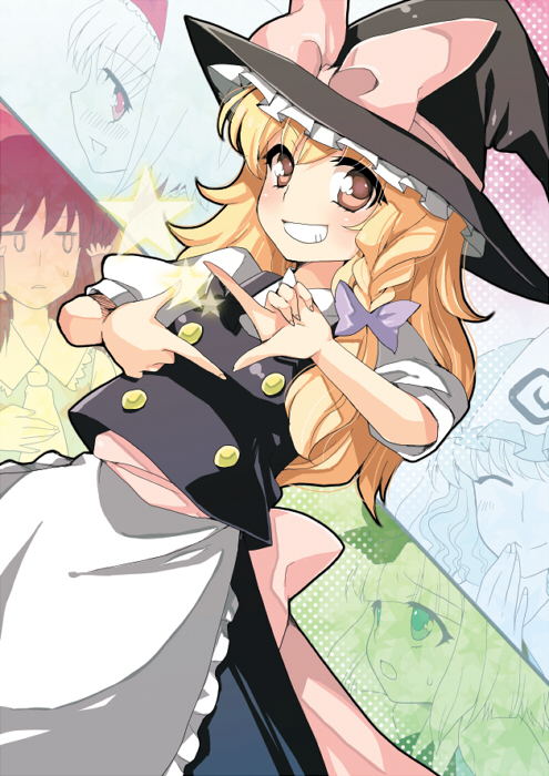blonde_hair, bow, braid, buttons, detached_sleeves, dutch_angle, finger_frame, grin