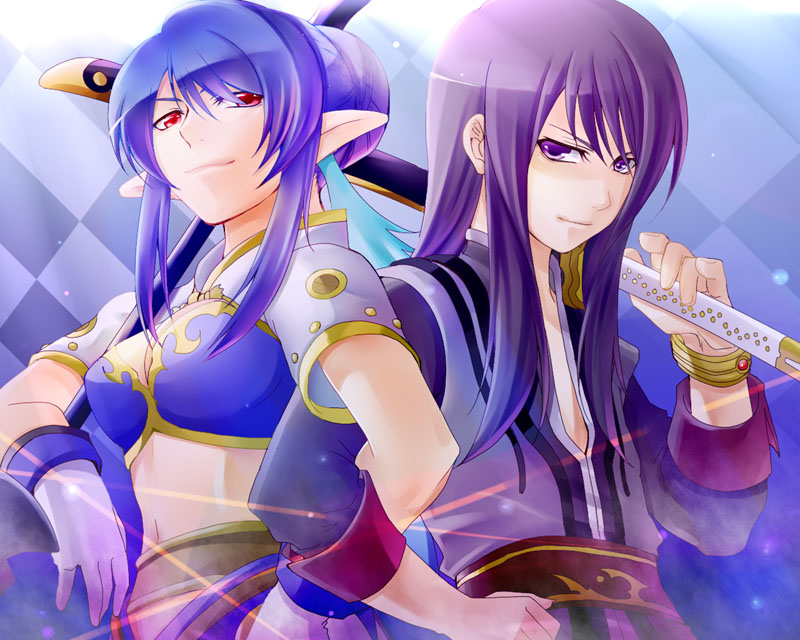 1girl, black_hair, blue_hair, bracelet, gloves, jewelry, judith, long_hair