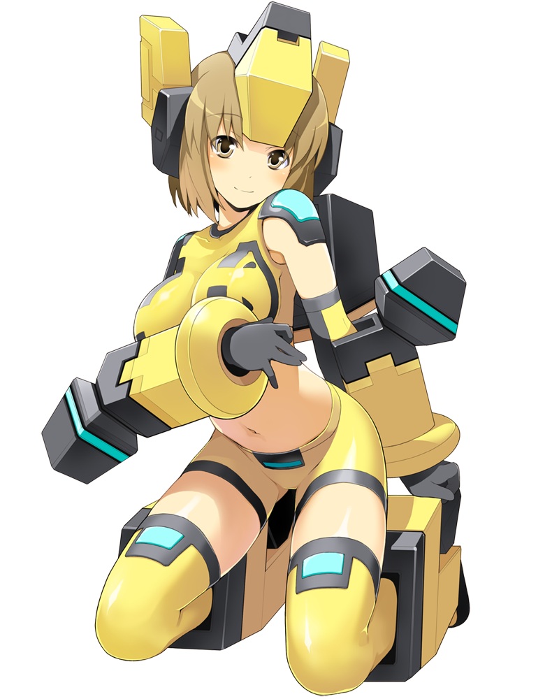 armor, armored_boots, blush, breasts, brown_eyes, brown_hair, cosmic_break, hand_on_own_chest