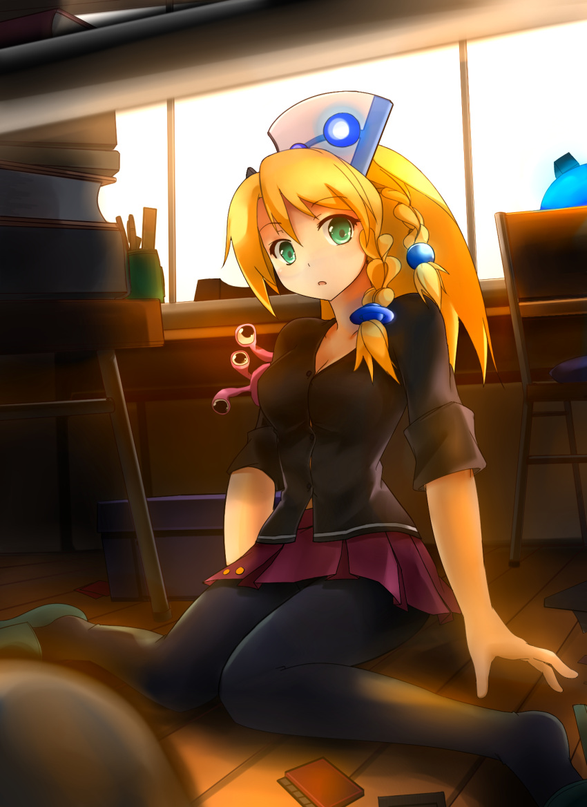 braid, cosmic_break, green_eyes, hat, highres, orange_hair, pantyhose, rouche