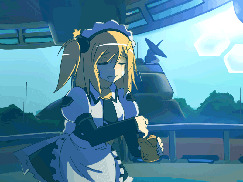 apron, blonde_hair, bomb, city, cosmic_break, crying, hair_ornament, maid, maid_apron, maid_cap, maid_headdress, monica_gold, ponytail, sky, tsiruot, wallet