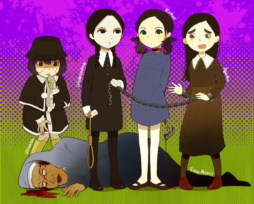 5girls, addams_family, agatha_(paranorman), black_eyes, black_hair, black_legwear, blood, chain