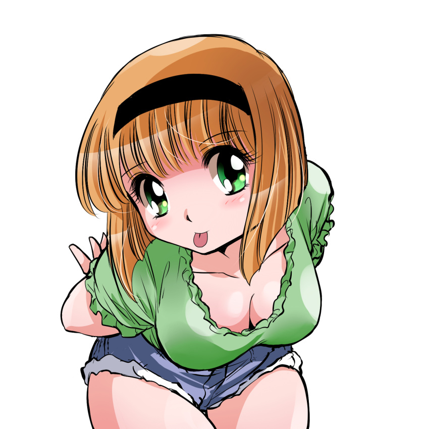 1girl, :p, arms_behind_back, bent_over, blush, breasts, cleavage, cutoffs, downblouse, green_eyes, hairband, highres, hosokawa_miki, jigoku_sensei_nube, large_breasts, looking_at_viewer, orange_hair, shirai_sanjirou, short_hair, short_shorts, shorts, solo, tongue, tongue_out