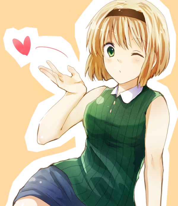1girl, ;), blonde_hair, blown_kiss, breasts, green_eyes, hairband, hosokawa_miki