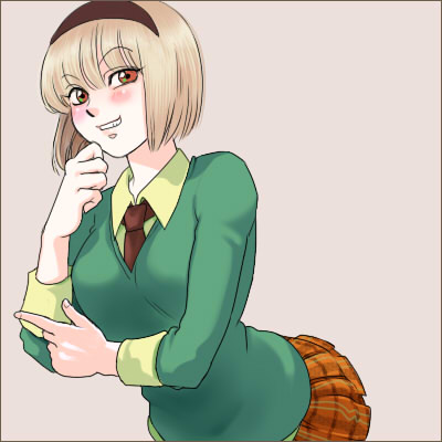 1girl, blonde_hair, blush, bob_cut, breasts, chin_stroking, grin, hairband