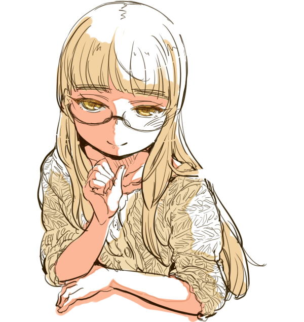 1girl, bangs, blonde_hair, blunt_bangs, glasses, long_hair, looking_at_viewer, mune