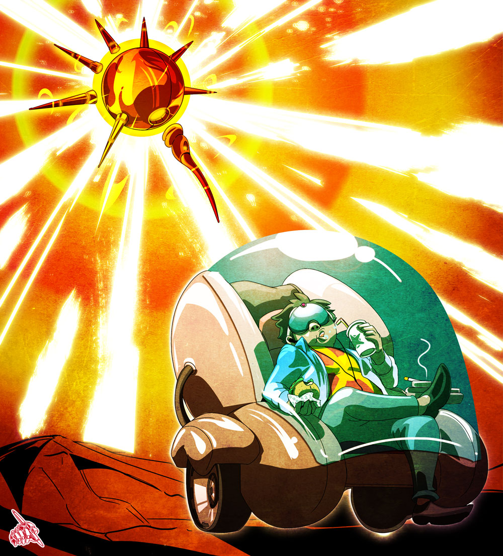1boy, arabia_fats, car, food, hamburger, jojo_no_kimyou_na_bouken, motor_vehicle, soda
