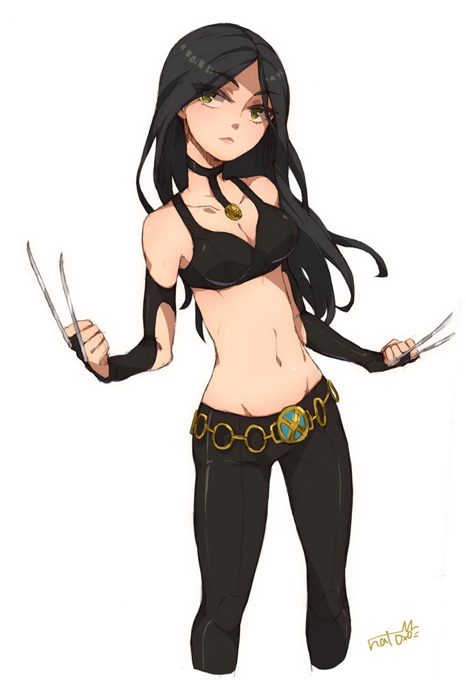1girl, bare_shoulders, belt, bikini_top, black_hair, breasts, bridal_gauntlets, choker