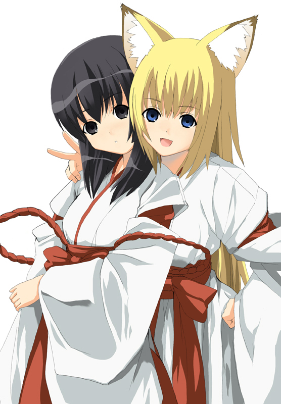 black_eyes, black_hair, blonde_hair, blue_eyes, bow, date_(artist), fox_ears, japanese_clothes