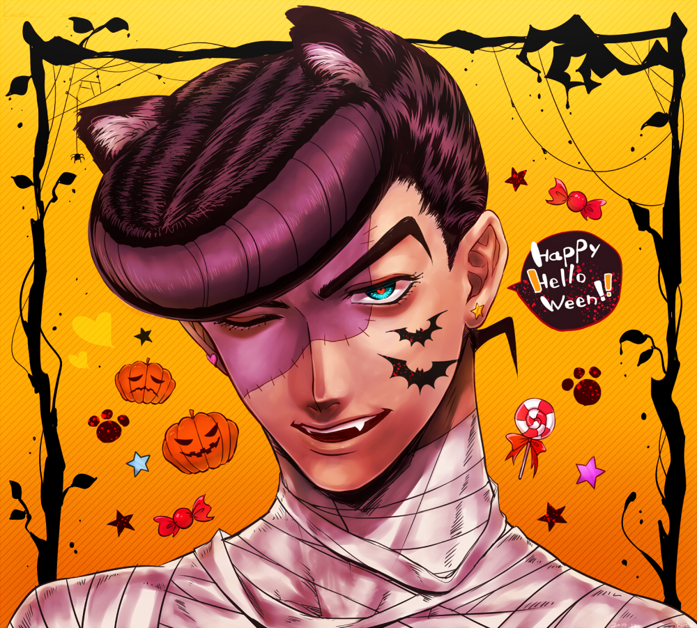 1boy, animal_ears, bat, blue_eyes, candy, cat_ears, facial_mark, fangs