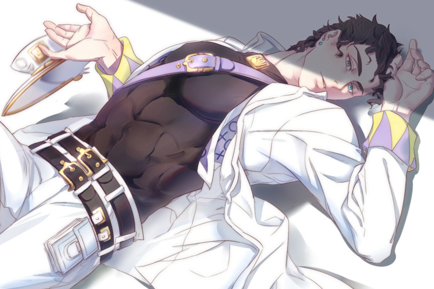 1boy, black_hair, earrings, green_eyes, heicrosshong, jacket, jewelry, jojo_no_kimyou_na_bouken