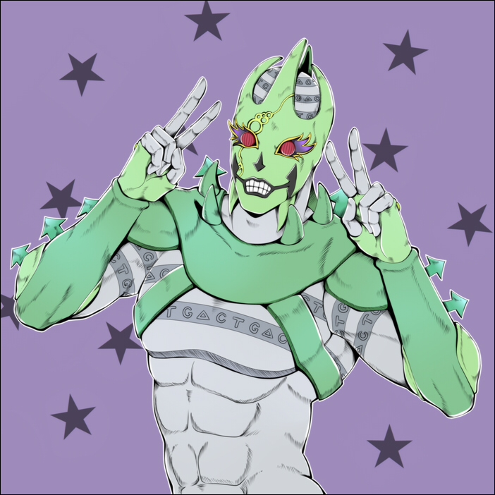 1boy, c-moon_(stand), crown, double_v, jojo_no_kimyou_na_bouken, shiemasu, solo, stand_(jojo)