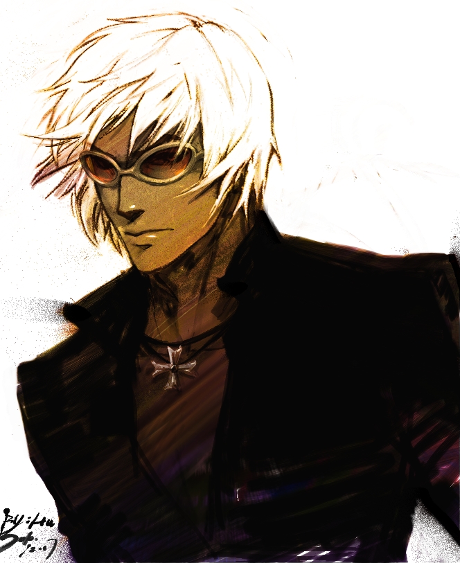 1boy, dark_skin, k', king_of_fighters, leather_jacket, solo, sunglasses, ultramarine, white_hair