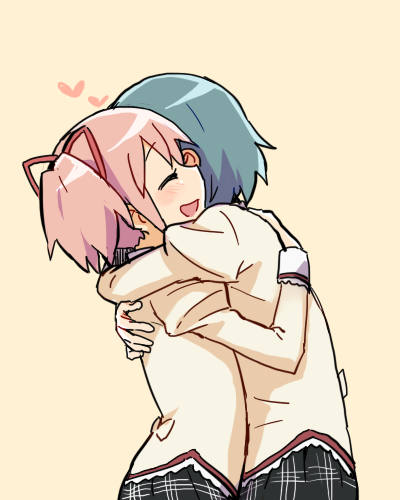 2girls, blue_hair, closed_eyes, hair_ribbon, heart, hug, kaname_madoka, lowres
